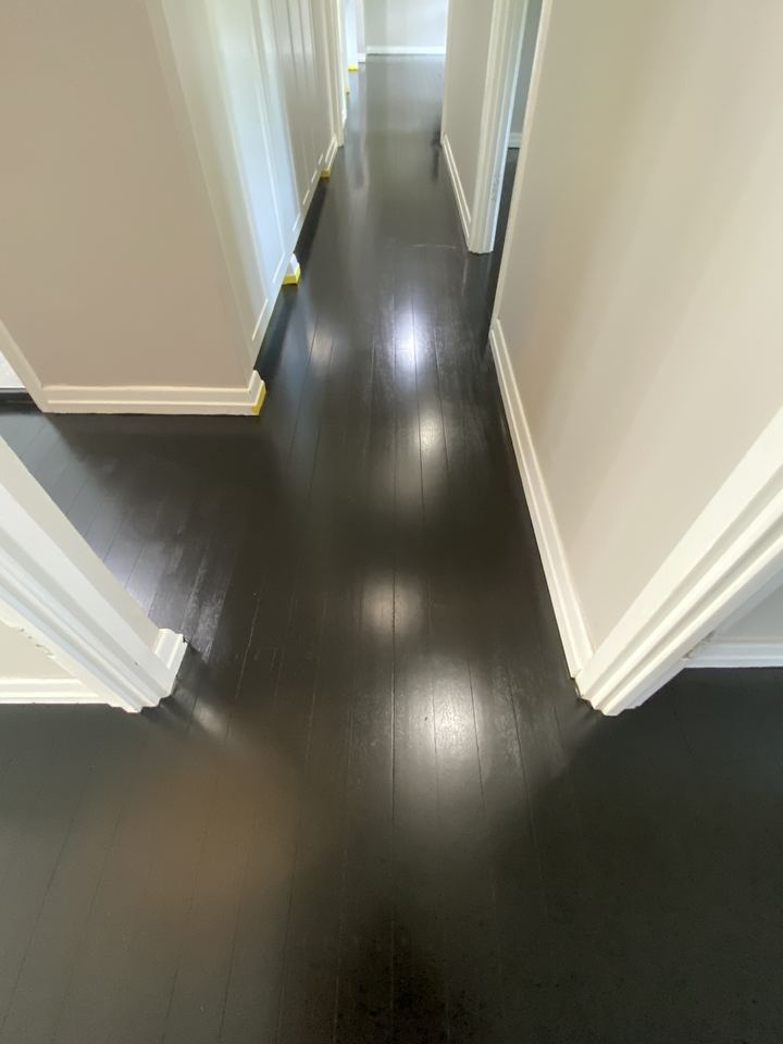 Hallway with a glossy black timber floor.